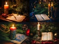 four Christmas cards, burning candles, an open antique book with a pen