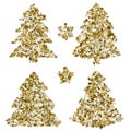 Four christmas trees at greeting card. Vector art with golden st Royalty Free Stock Photo