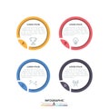 Four circular elements with letters, thin line icons and text boxes inside colorful frames, 4 steps of development