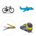 Four circular icons depict different modes of transportation. Top left: a black bicycle