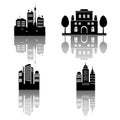 Four city silhouettes with reflections