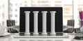 Four classical pillars on a computer, office background. 3d illustration