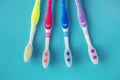 Four clean toothbrushes on a blue background. Toothbrushes for the whole family Royalty Free Stock Photo