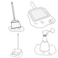 four cleaning tools for the yard. Black and white vector illustration bundle for a coloring book