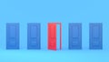 Four closed blue doors and one red open door on a pastel blue background. Choice, business and success concept. Concept
