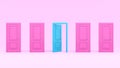 Four closed pink doors and one turquoise open door on a pastel pink background. 3d render