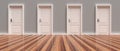 Four closed white doors on grey wall and wooden floor background, banner. 3d illustration Royalty Free Stock Photo