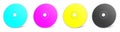 Four CMYK CD or DVD blank template red, green and blue for presentation layouts and design. 3D rendering Royalty Free Stock Photo
