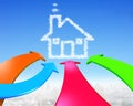 Four color arrows go toward house shape cloud