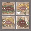 Four color banners with crepes and fish, falafel and hamburger sketch.
