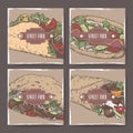 Four color banners with hot dog and taco, kebab and shawarma sketch.
