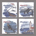 Four color banners with tall ship, lighthouse, scuba diver and jumping whale sketch. Maritime adveture series.