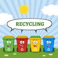 Four Color Recycle Bins Cartoon Character On A Sunny Hill With Speech Bubble And Text Recycling Royalty Free Stock Photo