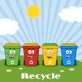 Four Color Recycle Bins Cartoon Character On A Sunny Hill With Text Recycle Royalty Free Stock Photo