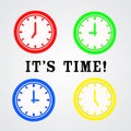 Four color time clock ison design and word it`s time, vector ill Royalty Free Stock Photo