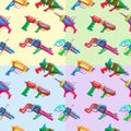 Four color cartoon style seamless pattern of kids colorful blasters. Royalty Free Stock Photo