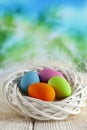 Four colored Easter eggs in white nest on wooden table and nature background Royalty Free Stock Photo