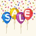 Four colored flying party balloons isolated with text sale on transparent background. Flying balloons, concept of sale for shops i