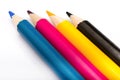 Four colored pencils. The colors cyan, magenta, yellow and black. The concept of polygraphy Royalty Free Stock Photo