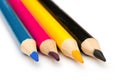 Four colored pencils. The colors cyan, magenta, yellow and black. The concept of polygraphy Royalty Free Stock Photo