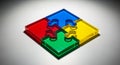 Four Colorful Acrylic Puzzle Pieces Interlocking on a White Surface connection solution Royalty Free Stock Photo