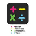 Four colorful brush style basic and fundamental arithmetic operations signs set on black sticker with their names list poster