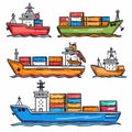 Four colorful cargo ships containers handdrawn, floating water, maritime transport concept, vector