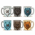 Werewolf Coffee Cups Set - Cartoon Style Ornaments - Vector Illustration