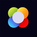 Four colorful discs overlapping in a symmetrical formation creating a dynamic visual effect