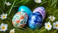 four colorful Easter eggs uniquely decorated with detailed patterns and designs in green grass with daisies, top view Royalty Free Stock Photo