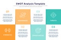 Four colorful elements with text placed around rectangle. Concept of SWOT-analysis template or strategic planning technique. Royalty Free Stock Photo