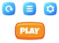 Four colorful game buttons with icons and text. Glossy blue and orange buttons for game interface design. Game UI Royalty Free Stock Photo