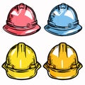 Four colorful hard hats sketched vibrant tones, symbolizing safety gear construction workers, hard