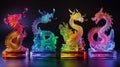 Four colorful illuminated glass dragons on stands, artistic display