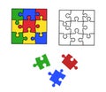 Nine colorful interlocked jigsaw puzzle pieces isolated on white. Smart technology, creative problem solution. Vector