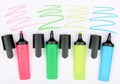 Four colorful markers and four drawn lines on a white sheet of paper, close-up Royalty Free Stock Photo