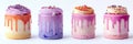 Four colorful mini cakes with dripping icing on white background Royalty Free Stock Photo