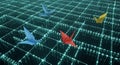 Origami cranes flying over glowing binary code grid, digital abstract background Royalty Free Stock Photo