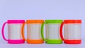Four colorful plastic coffee mugs lined on a white background Royalty Free Stock Photo