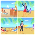 Four Colorful Posters with Businessmans on Beach