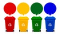 Four colorful recycle bins isolated on white background, bin and speech bubbles for copy space template, red, yellow, green Royalty Free Stock Photo