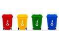 Four colorful recycled plastic bins There are red, yellow, green and blue trash cans with recyclable waste symbols and littering