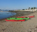 Four colorful sea kayaks lined up on a beach on a sunny day