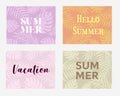 Four colorful summer posters or cards with palm leaf patterns and the word \