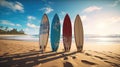 Four colorful surfboards on the sand beach on the in the evening, Summer, Vacation, Holiday