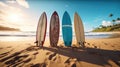 Four colorful surfboards on the sand beach on the in the evening, Summer, Vacation, Holiday