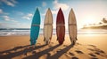 Four colorful surfboards on the sand beach on the in the evening, Summer, Vacation, Holiday