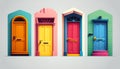 Four colourful doors on isolated white background. Generative AI.