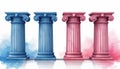 Four columns, two blue, two pink, stand with watercolor splashes. Classical architecture elements feature ionic capitals. Artwork Royalty Free Stock Photo