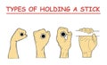 Types of holding a stick. four combination of hand positions imitate horizontal bar holding a shell in isolation.